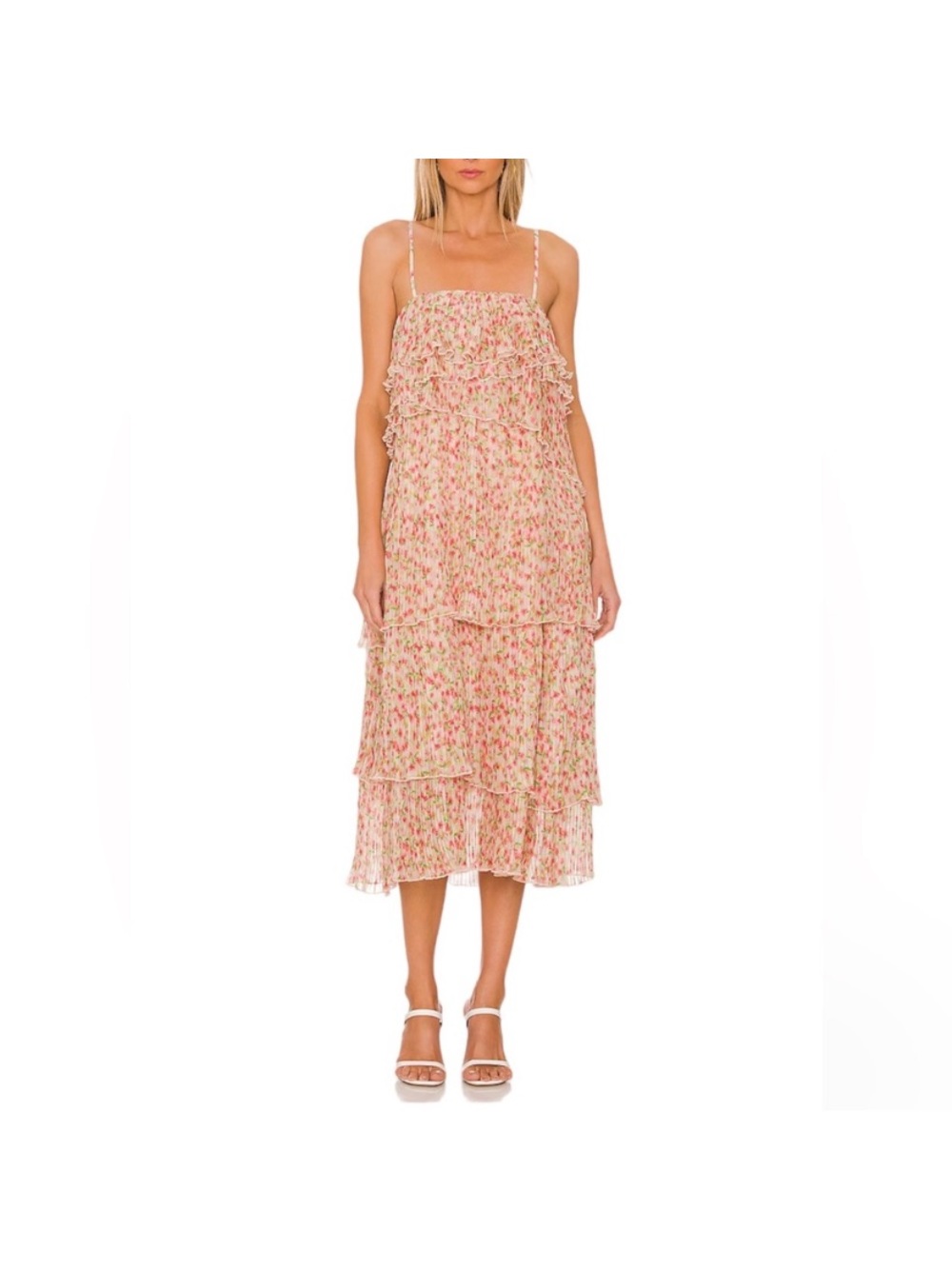 Something Navy Floral Pleated Tiered Midi Dress Size Medium Pink Ditsy Floral